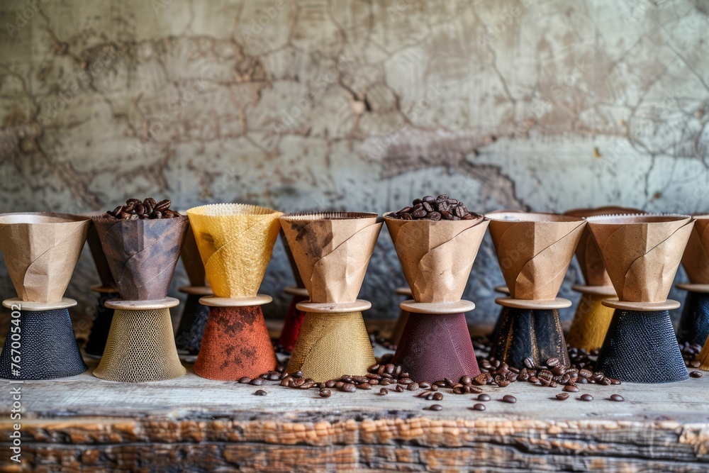 Row of Assorted Coffee Drippers with Fresh Ground Beans on a Rustic Wooden Table Against a Weathered Wall Row of Assorted Coffee Drippers with Fresh Ground Beans on a Rustic Wooden Table Against a Weathered Wall