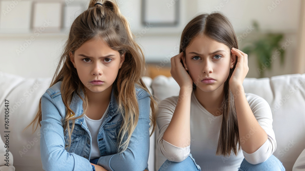 Two sisters on couch looking worried, younger with braids, older with arms crossed. Two sisters on couch looking worried, younger with braids, older with arms crossed.