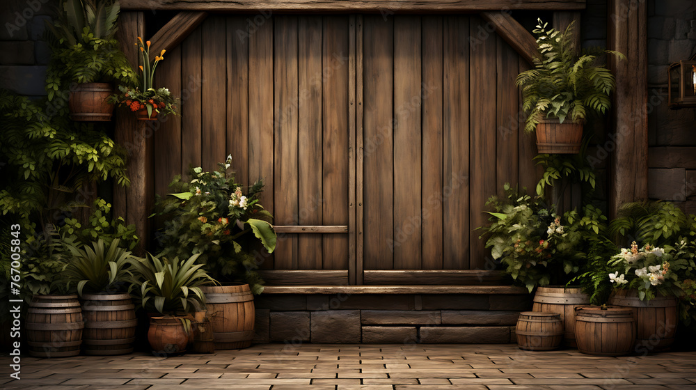 Blooming Serenity: A Rustic Wooden Door Framed by a Colorful Tapestry of Flowers, Transforming a Simple Wall into a Picturesque Delight Blooming Serenity: A Rustic Wooden Door Framed by a Colorful Tapestry of Flowers, Transforming a Simple Wall into a Picturesque Delight