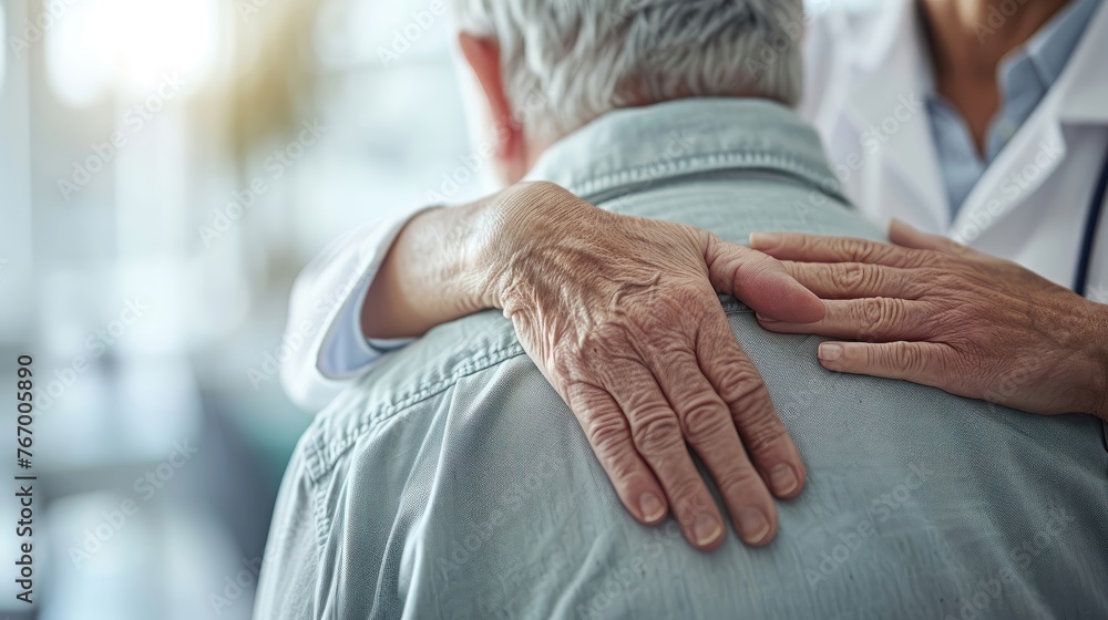 Fototapeta premium Close-up of caregiver's hand on senior's shoulder.