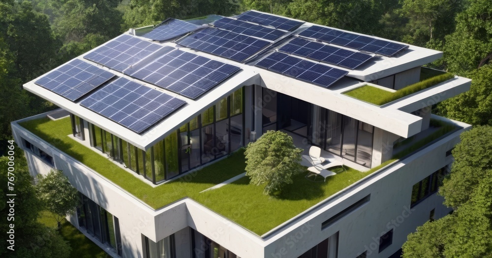 This modern villa, featuring a blend of straight lines and solar panels, exemplifies cutting-edge sustainable design amidst a serene forest backdrop. AI generation This modern villa, featuring a blend of straight lines and solar panels, exemplifies cutting-edge sustainable design amidst a serene forest backdrop. AI generation