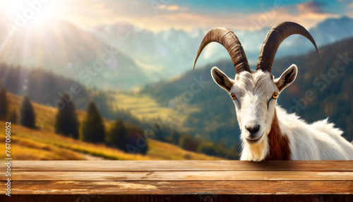 Close-up of an empty wooden table and a white and brown horned mountain goat, looking at the camera, on a mountain landscape with sunbeams. Template for dairy products. Generative Ai. © Alberto Masnovo