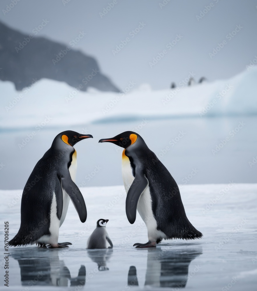 Obraz premium Two adult emperor penguins and their young chick stand on a reflective icy surface, engaging in family bonding. The trio is captured in a tender moment, highlighting their nurturing social behavior