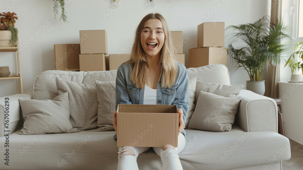 Delighted woman with box, moving into a new home.