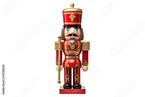 Elegant Red and Gold Nutcracker Figurine on White Background. On a Clear PNG or White Background.