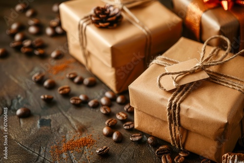 Vintage Style Wrapped Gifts with Twine on Rustic Wooden Background with Pine Cones and Coffee Beans