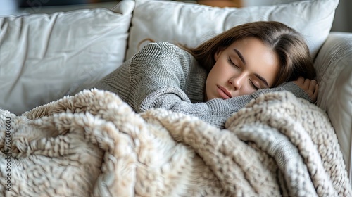 Young woman sleeping peacefully on a couch with a grey blanket.