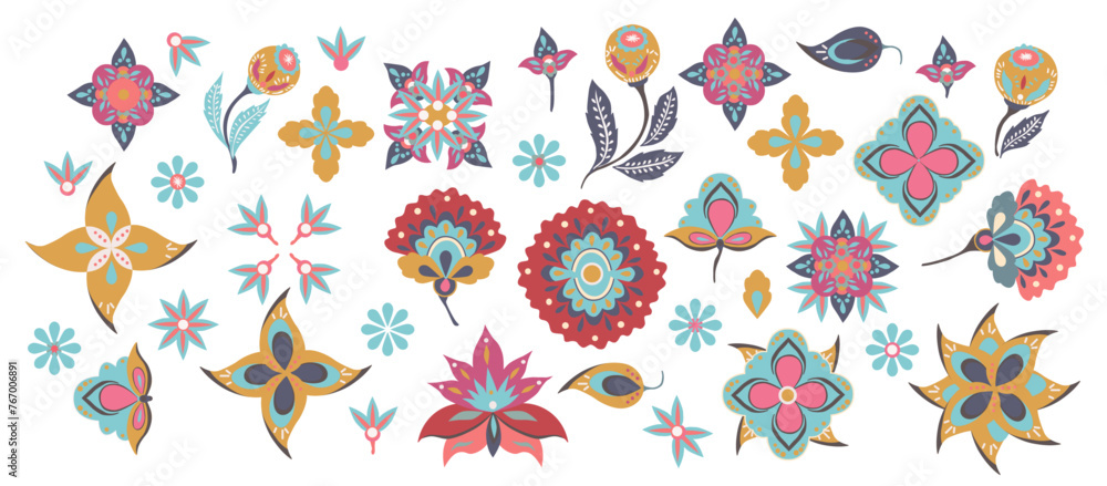 Conjunto de flores variadas con estilo místico, boho, etnico; con inspiración india, gitana, magica con estilo bohemio de moda. Cartel, recurso grafico Conjunto de flores variadas con estilo místico, boho, etnico; con inspiración india, gitana, magica con estilo bohemio de moda. Cartel, recurso grafico