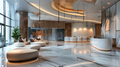 Lobby area, waiting area, contemporary style with luxury, curved sofa seating. Generative AI.