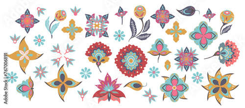 Conjunto de flores variadas con estilo místico, boho, etnico; con inspiración india, gitana, magica con estilo bohemio de moda. Cartel, recurso grafico