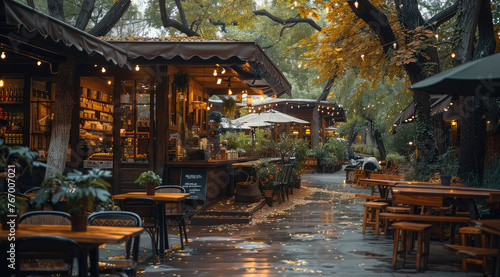 Coffee shop in a park surrounded by trees. Generative AI.