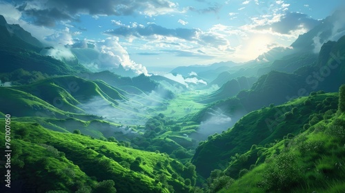stunning nature mountain scenery, green fields 