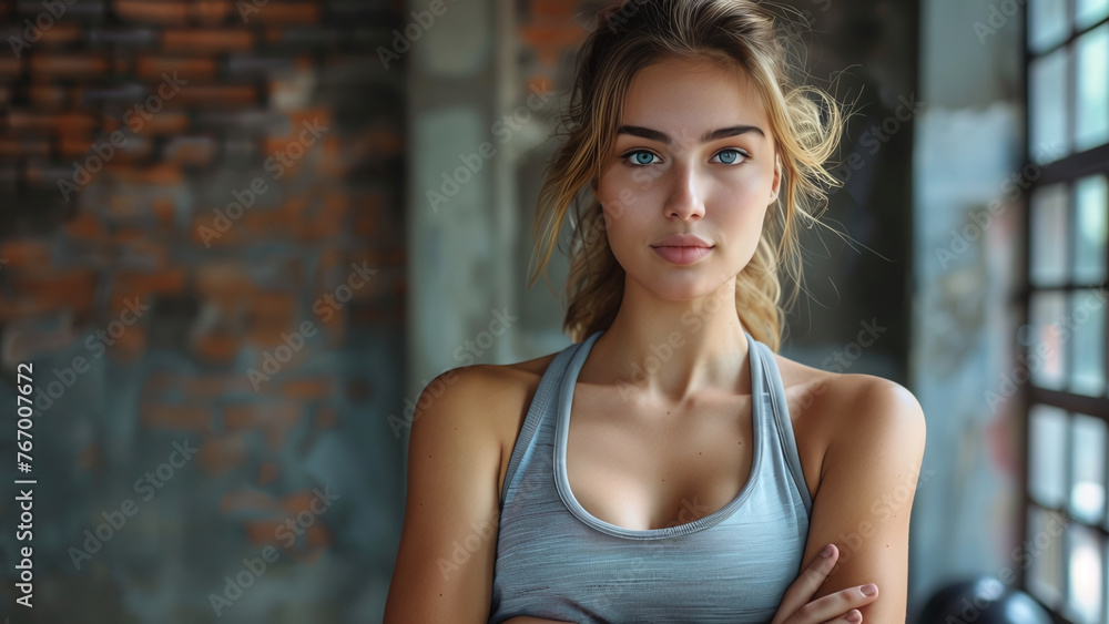 Fototapeta premium Stunning Fitness Coach: Portrait of Female Empowerment in Gym Setting