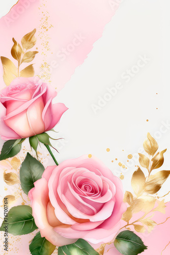 Watercolor greeting card with pastel pink beautiful roses and delicate gold leaf accents.