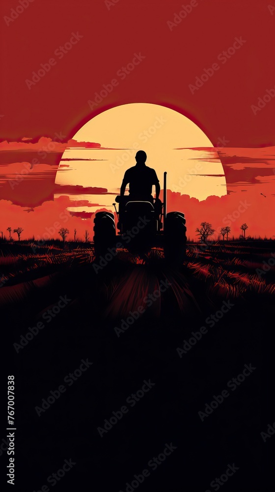 SIlhouette of farmer on tractor fixed with harrow plowing machine