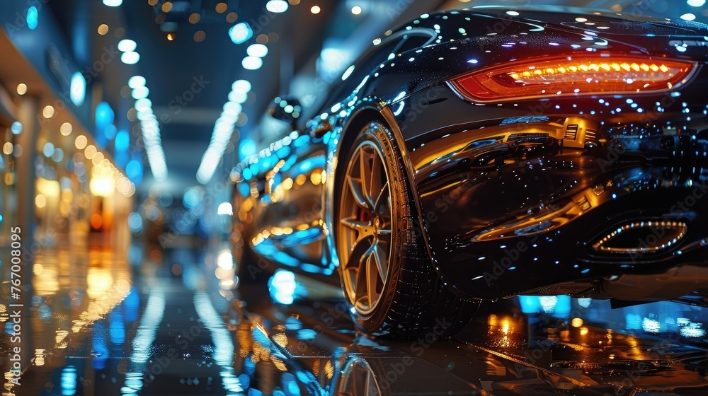 The shimmering reflections of city lights dancing across the polished surface of a luxury car's metallic paint.