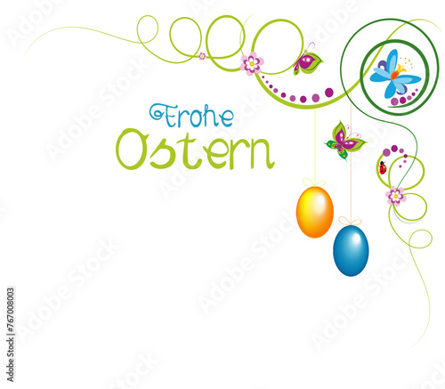 Easter background with colorful eggs and spring green plants.