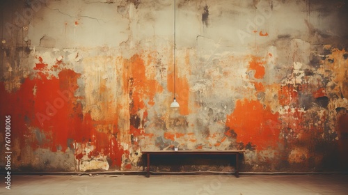 Weathered wall with vibrant peeling orange paint and a solitary hanging light
