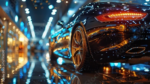 The shimmering reflections of city lights dancing across the polished surface of a luxury car's metallic paint.