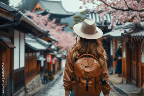 Woman Exploring Traditional Japanese Street with Cherry Blossoms
