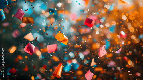A photo of confetti, with excitement all around as the background, during a festive gathering
