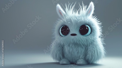 3D rendering of a cute and fluffy white creature with big blue eyes. It has a rabbit-like body and long,åž‚ã‚ŒãŸ ears.