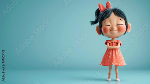 Cheerful 3D illustration of a cute little girl with black hair and a red bow smiling and with crossed arms wearing a red dress with white polka dots o
