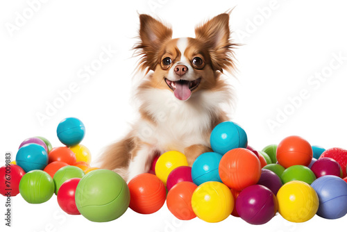 Small Dog Sitting in Front of Pile of Balls. On a Clear PNG or White Background. © Masood