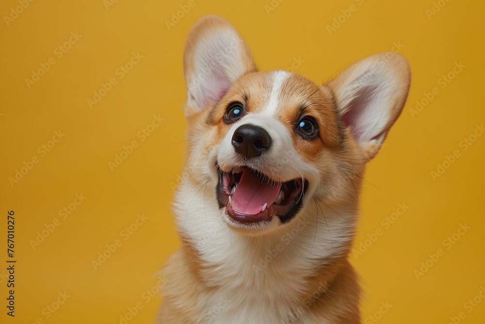 Close-up banner with puppy dog corgi, isolated on yellow background with copy space Close-up banner with puppy dog corgi, isolated on yellow background with copy space