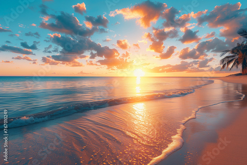 Amazing sunset luxury tropical panorama, beautiful beach background  #767010249