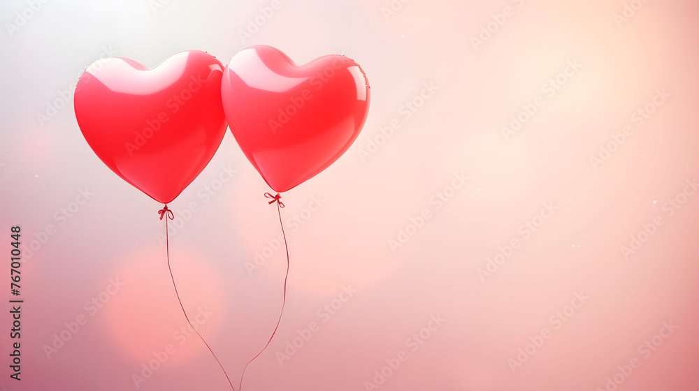 Two red heart shaped balloons floating on a pastel pink background