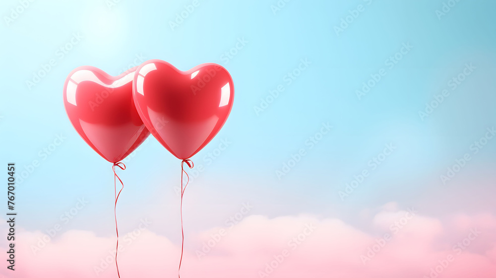 Two red heart shaped balloons floating on a pastel blue background