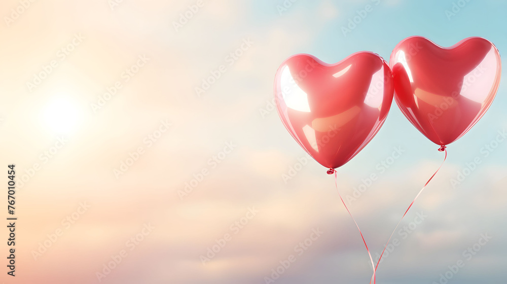 Two red heart shaped balloons floating on a pastel yellow background