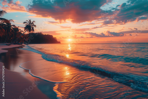 Amazing sunset luxury tropical panorama, beautiful beach background  #767010426