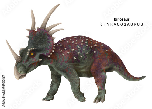 Styracosaurus illustration. Dinosaur with horns. Red  green dino