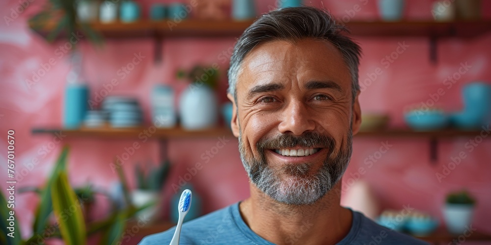 A cheerful man practices morning dental hygiene, promoting health and happiness. A cheerful man practices morning dental hygiene, promoting health and happiness.