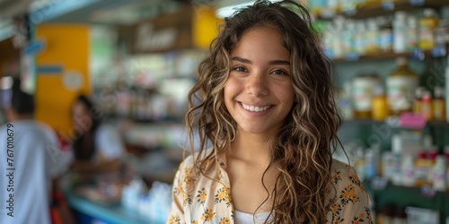 A cheerful young woman with curly hair enjoys a summer day at the supermarket's cash point.