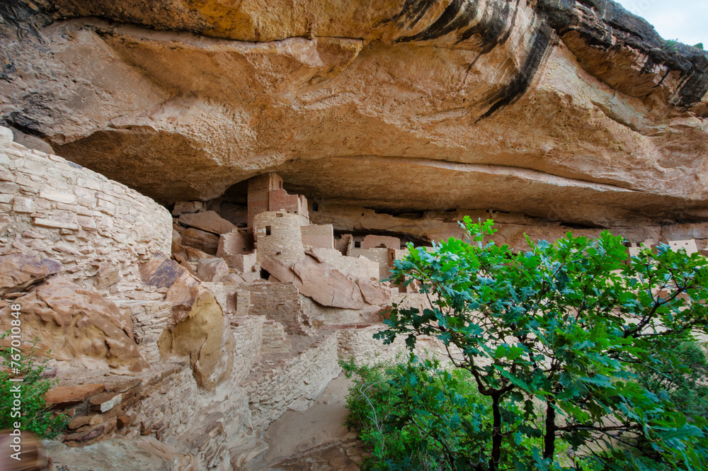 A secluded ancient cliff dwelling made of stone and wood, nestled into a large cave in a canyon wall surrounded by green foliage A secluded ancient cliff dwelling made of stone and wood, nestled into a large cave in a canyon wall surrounded by green foliage