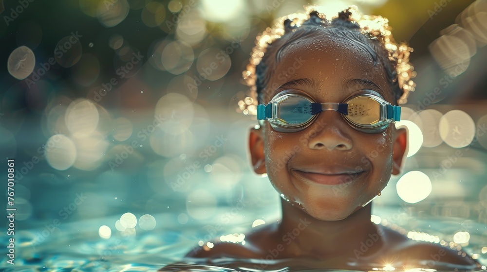 Summer fun: child in swimwear enjoying pool time in bright sunlight