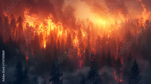 Blaze in coniferous forest at twilight, wildfire scene © PLATİNUM