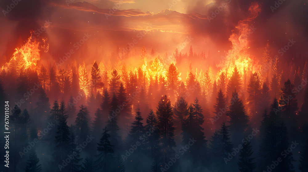 Blaze in coniferous forest at twilight, wildfire scene