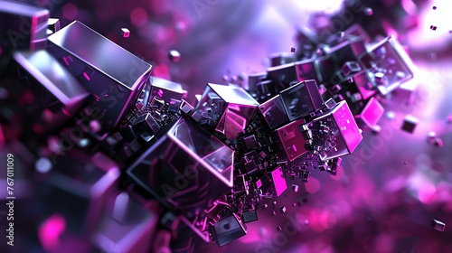 3D rendering of a futuristic background with glowing purple and blue cubes.
