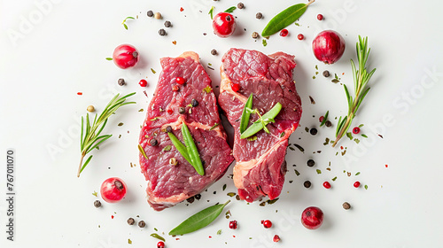Raw beef steak with spices isolated on white background, captured from top view.