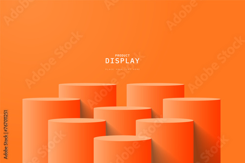 Empty green room with set of eight steps 3D cylinder podium pedestal or product display stand. 3D vector geometric platform design. Minimal wall scene for mockup. stage for product presentation.