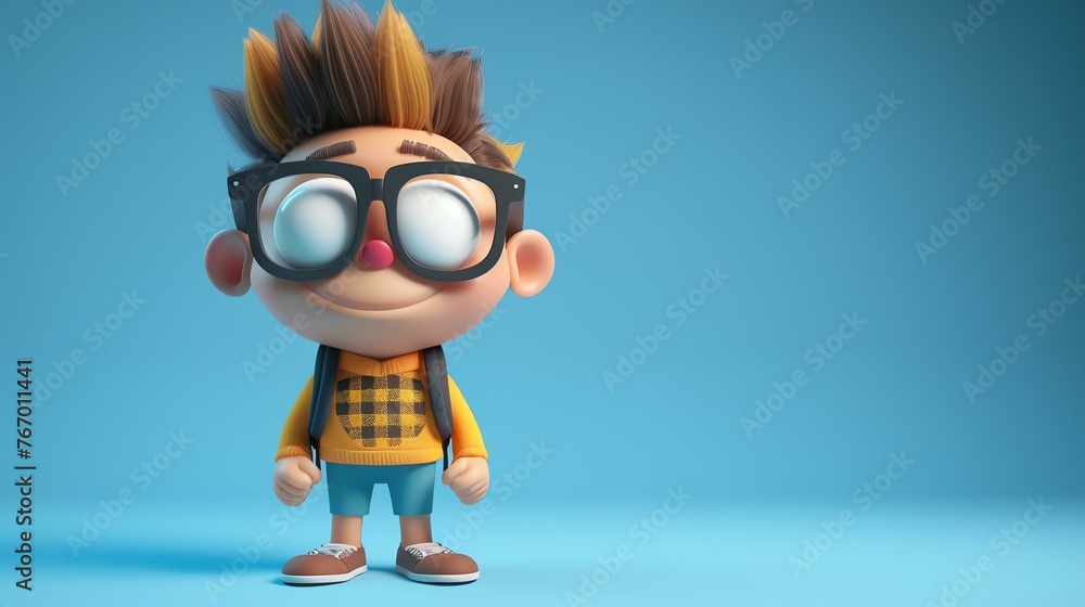 3D illustration of a happy schoolboy wearing glasses and a backpack. He has a bright smile and is looking at the camera.