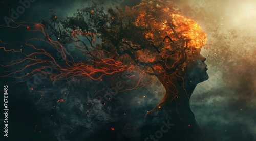 Mystical silhouette with a tree head on smoke. A mystically charged silhouette with a tree as its head emanating from billowing smoke, hinting at growth photo