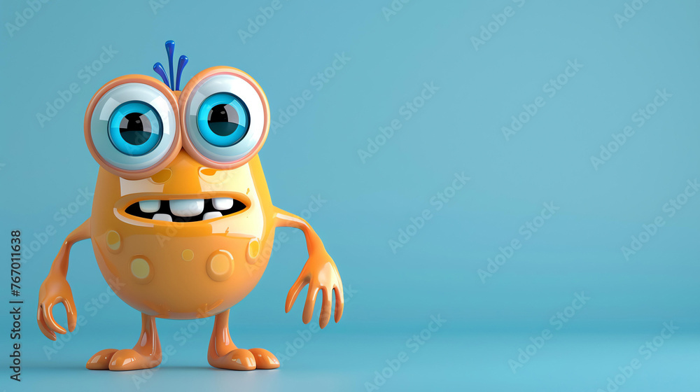 Cute and funny orange cartoon monster with big eyes and a toothy smile. The monster is standing on a blue background and looking at the camera.