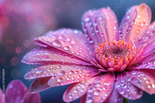 Macro photo of pink flower with water drops