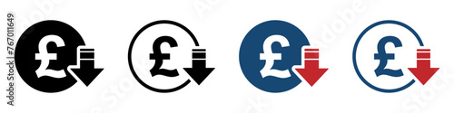 Pound reduction symbol, cost decrease icon. Reduce debt business sign vector illustrations