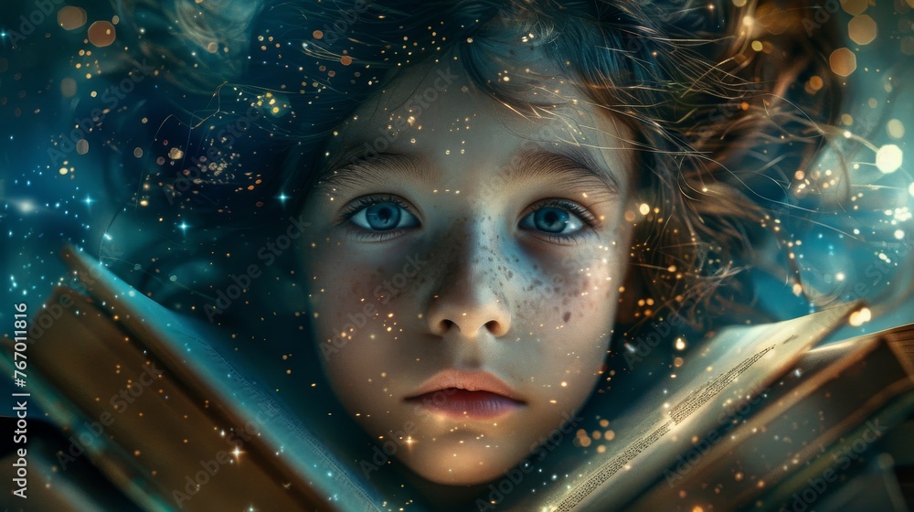 Enchanting child with sparkling eyes engrossed in a magical storybook Enchanting child with sparkling eyes engrossed in a magical storybook